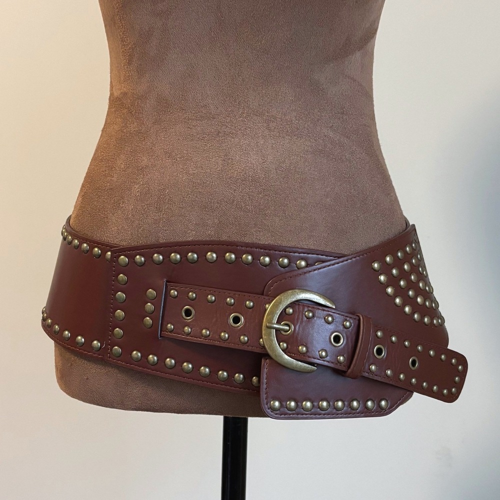 Studded Wide Waist Belt Brown Gold 90s Vintage Style Boho Funky Chic Bohemian